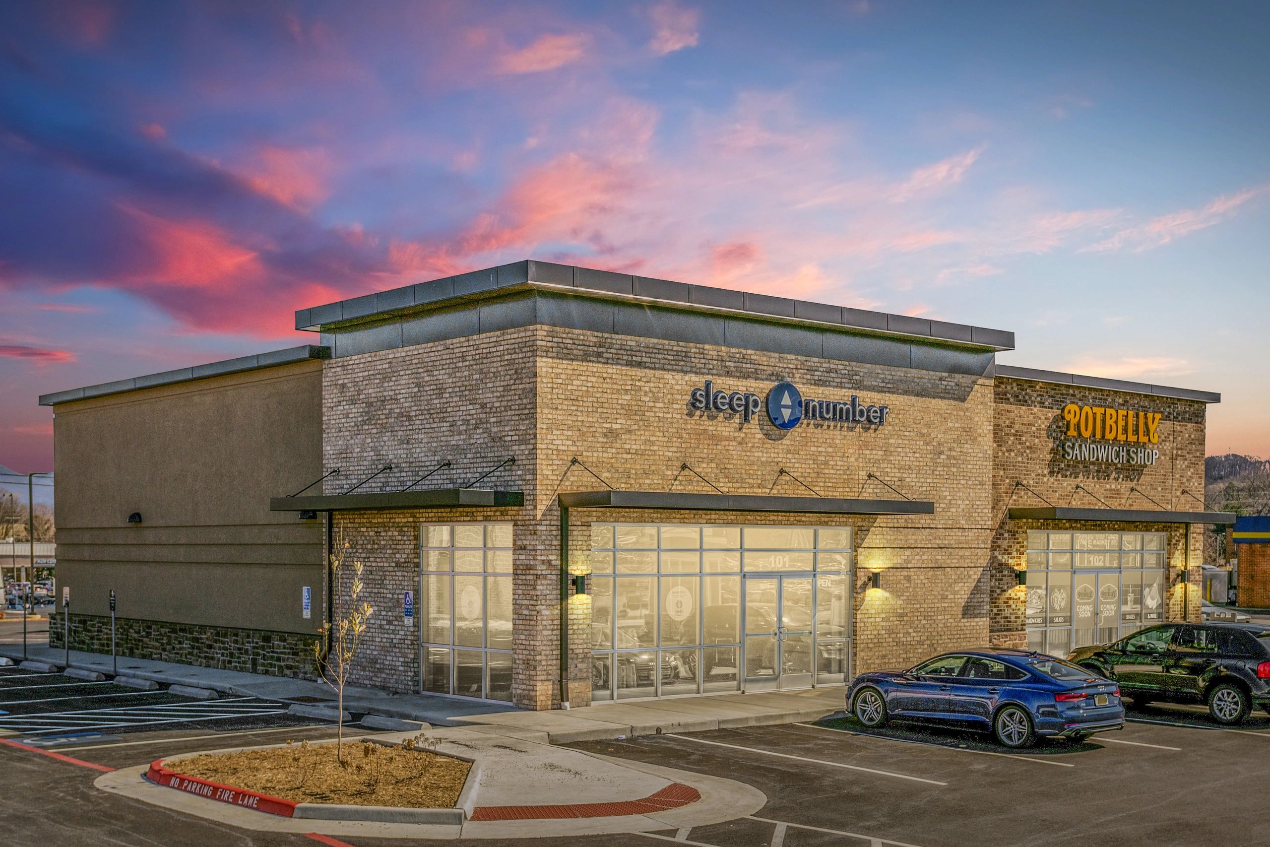 Multi-tenant retail build at dusk